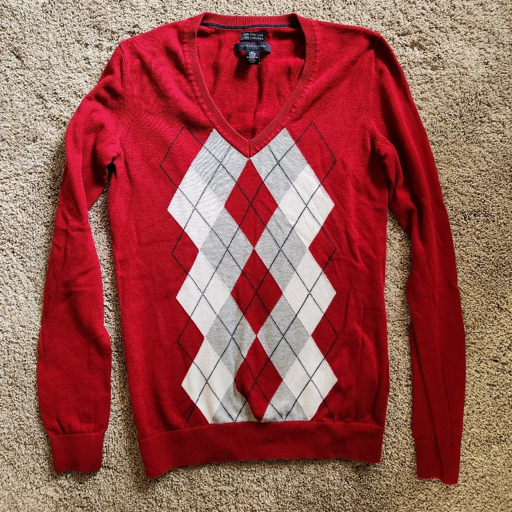 Tommy Hilfiger Red Argyle Womens Sweater - Size XS